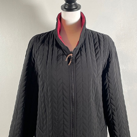 Black Burgundy Full Zip Up Quilted Reversible Straight Cut Long Sleeve Jacket L - Picture 4 of 9